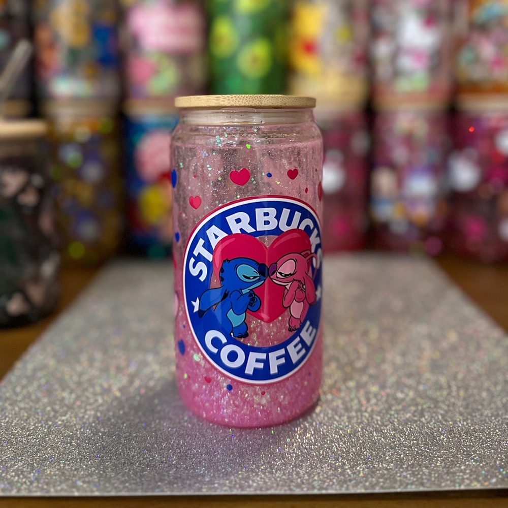 Stitch and angel custom glass tumbler